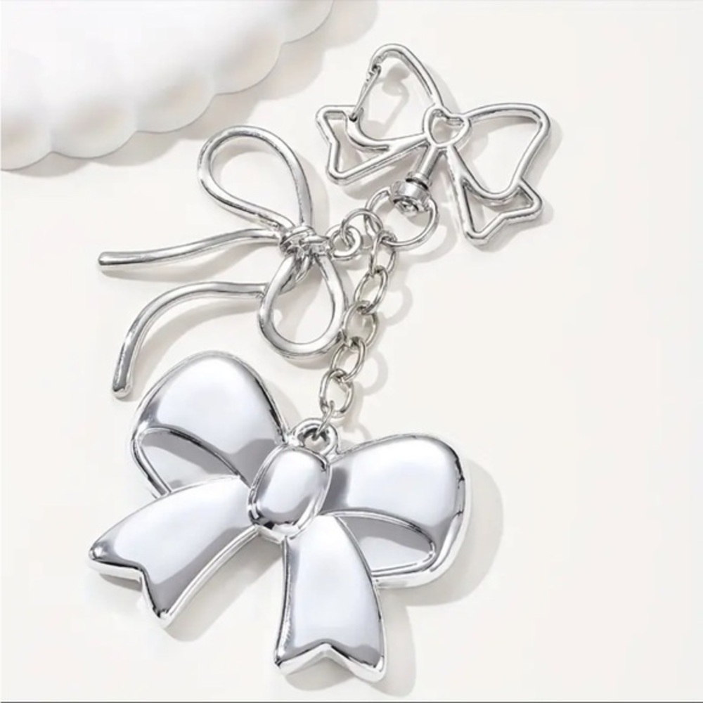 Silver Bow Keychain Bag Charm Coquette Ribbon Key Ring NWT